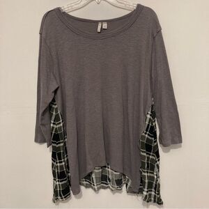 Cato Womens Blouse 3/4 Sleeve Grey Knit, Green/Black Plaid Size 14/16W